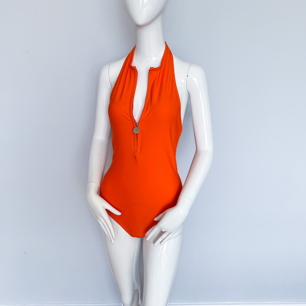 $299 Carven Le Bain Orange Halter One Piece Luxury Swimsuit Made in Italy S